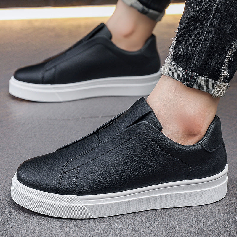 Men's Korean-Style Slip-On Casual Sneakers | PU Leather Round Toe Mid Heel Shoes
