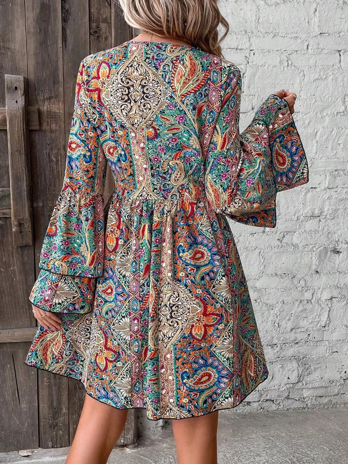 Women's Paisley V-Neck Bell-Sleeve Mini Dress