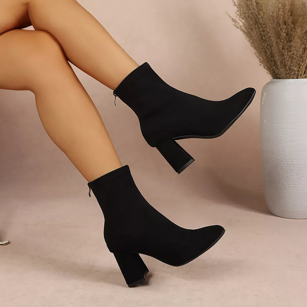Pointed-Toe Block-Heel Ankle Boots