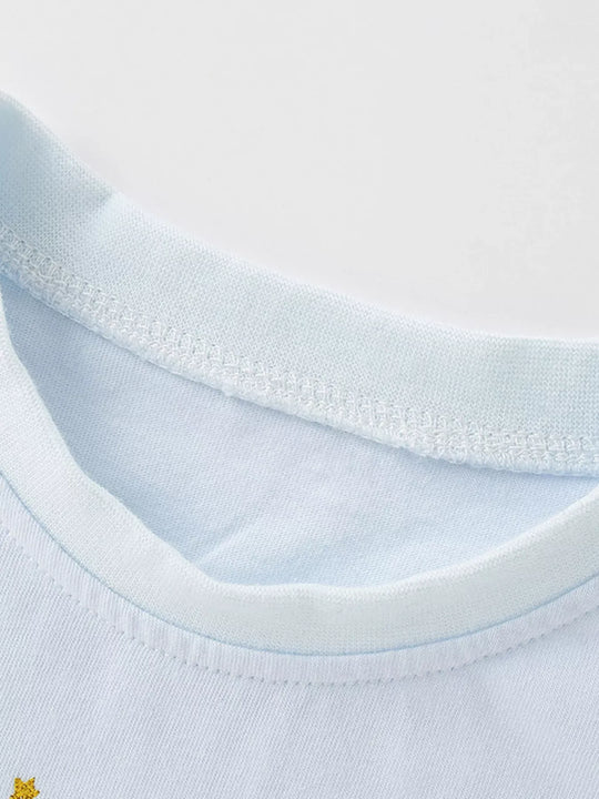 Another view: Floral Appliqué Puff-Sleeve Top — Light Blue