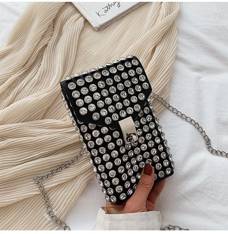 Diamond Encrusted Mini Phone Crossbody Bag - Vintage PU Leather Shoulder Bag for Women