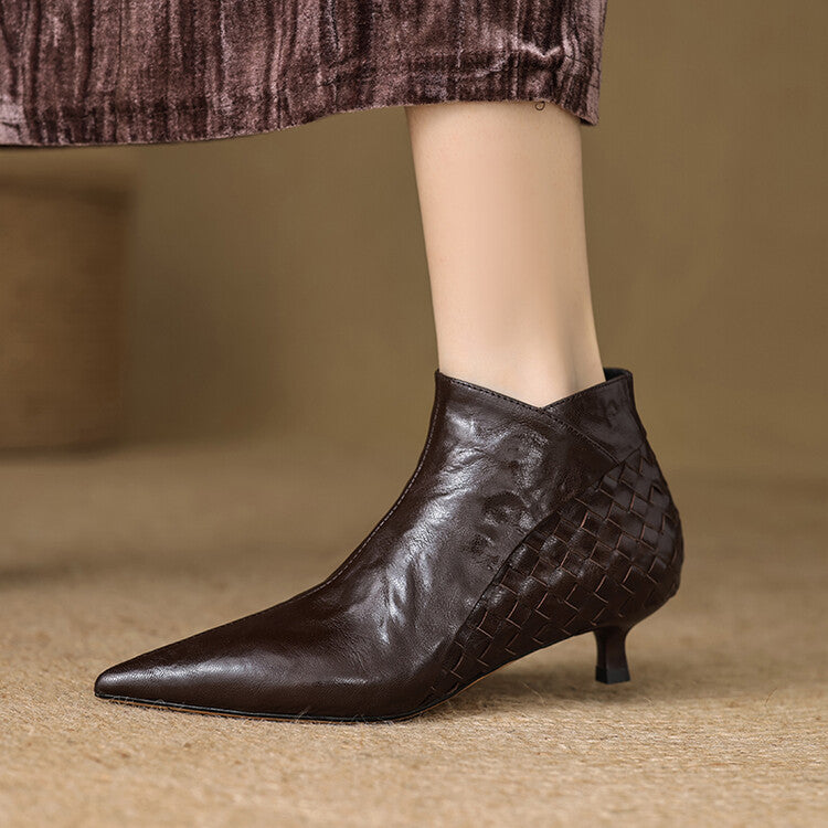 Women's Woven Full-Grain Sheepskin Ankle Boots | Pointed Toe Side Zipper Low Heel