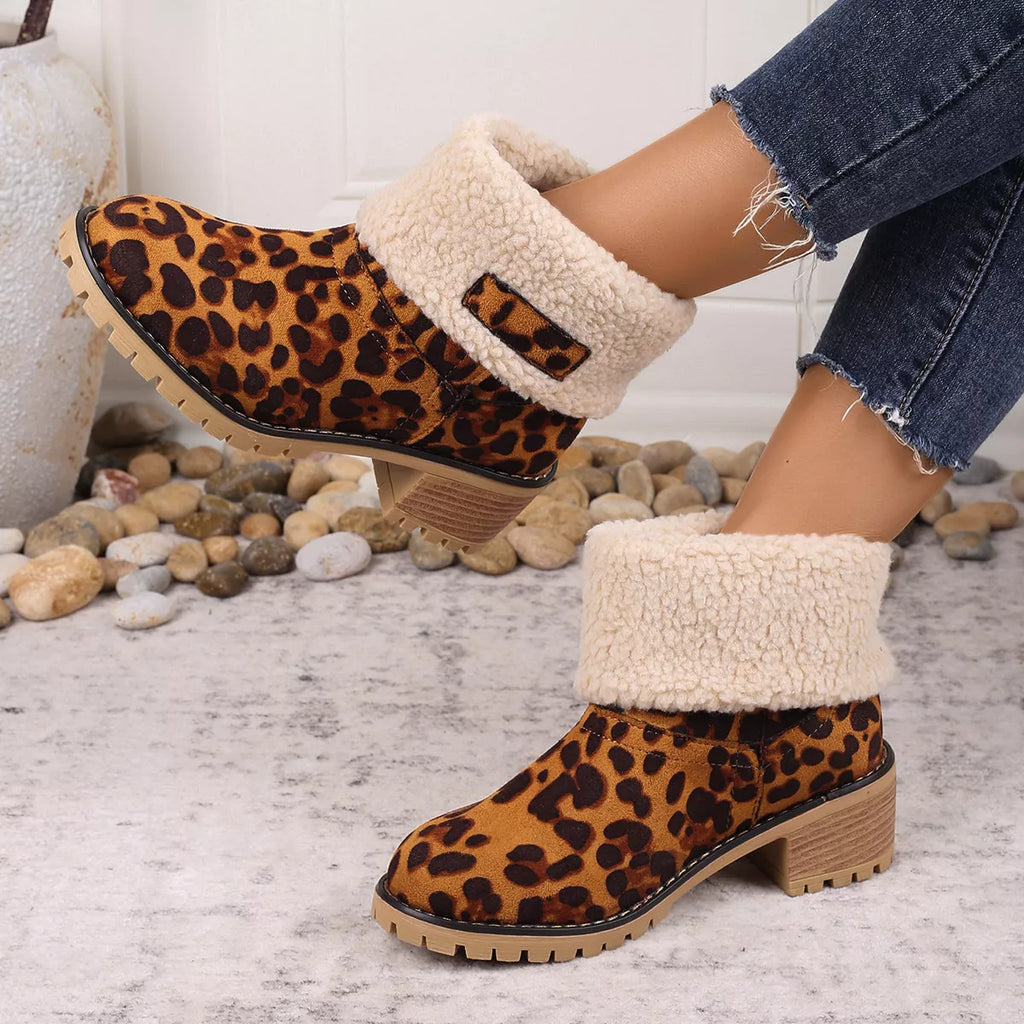 Women's Leopard Print Plush Lined Boots | Mid Heel Slip-On Suede Boots with Warm Faux Fur Lining