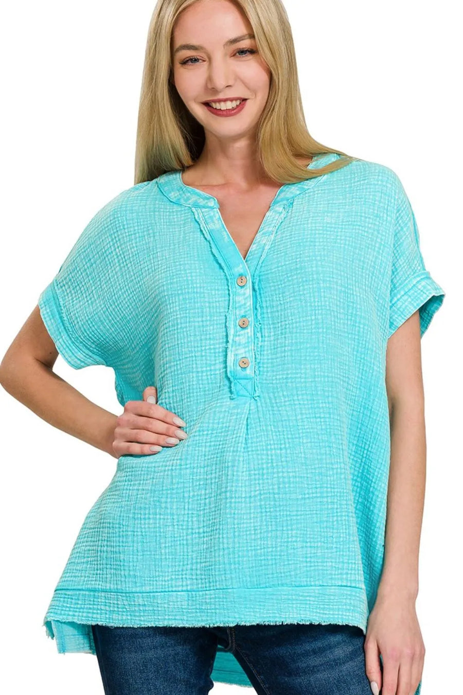 Washed Double Gauze 3/4 Button Henley Neck Shirt — Mint Sky