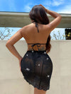 Black glitter halter bikini and wrap skirt three-piece set