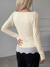 Apricot lace-trim long-sleeve top for women