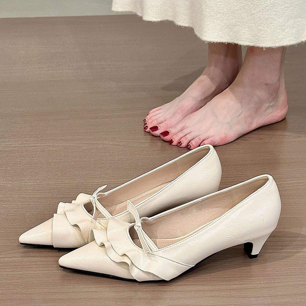 Women's French-Style Stiletto Heels with Ruffled Hem & Bow Tie - Open Toe Low Heel Loafers