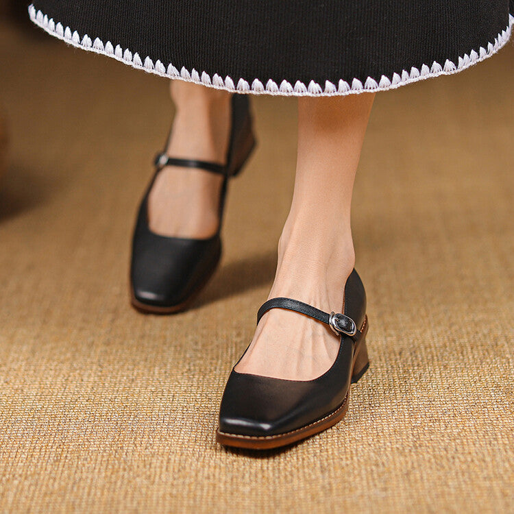 Retro Square Toe Chunky Heel Leather Pumps - Genuine Cowhide Leather Women's Shoes