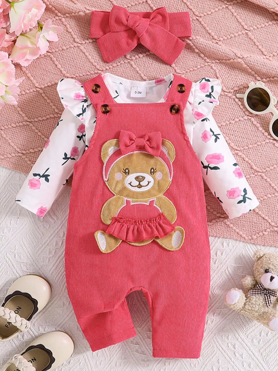 Moonbeam Floral Bodysuit and Bear Overalls Set with Headband