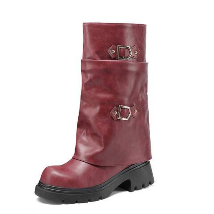 Women's Retro Multi-Layer Buckle Boots – Suede High-Top Boots with Stacked Buckle Detail