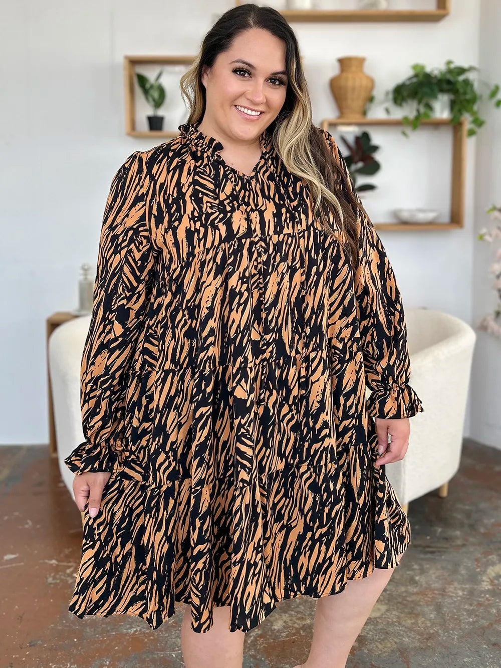 Plus Size Printed Ruffle-Hem Long-Sleeve Dress