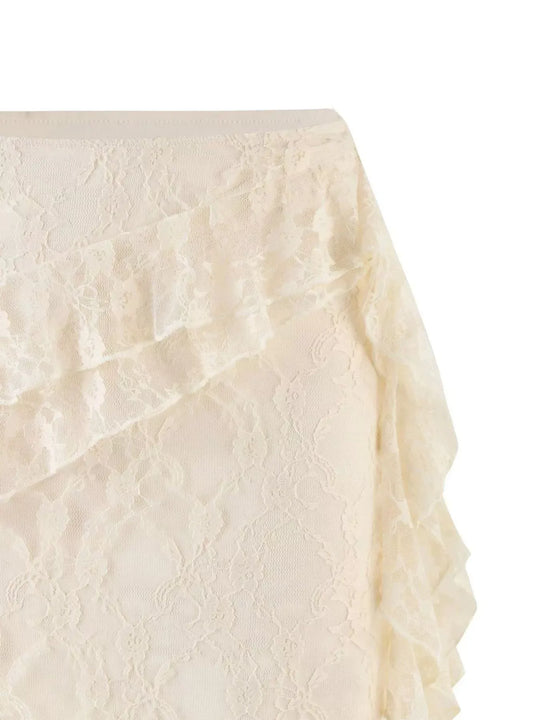 Another view: Milky-White Ruffled Floral-Lace Mini Skirt