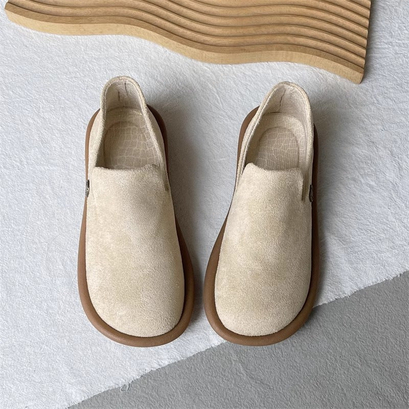 Women's Vintage Suede Slip-On Pumps | Low Heel Round Toe Dress Shoes | Creamy White & Black
