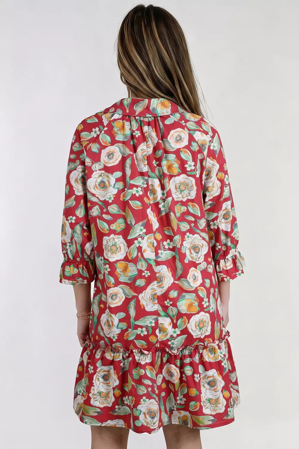 Rust Floral Button-Front Shift Dress