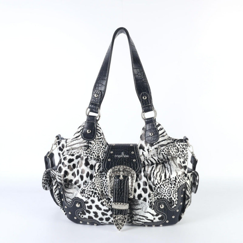 Women's Leopard Print Crossbody Bag – Western Rivet Detail | Polyester & PU Lining