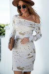 Abstract-print boat-neck long-sleeve mini dress