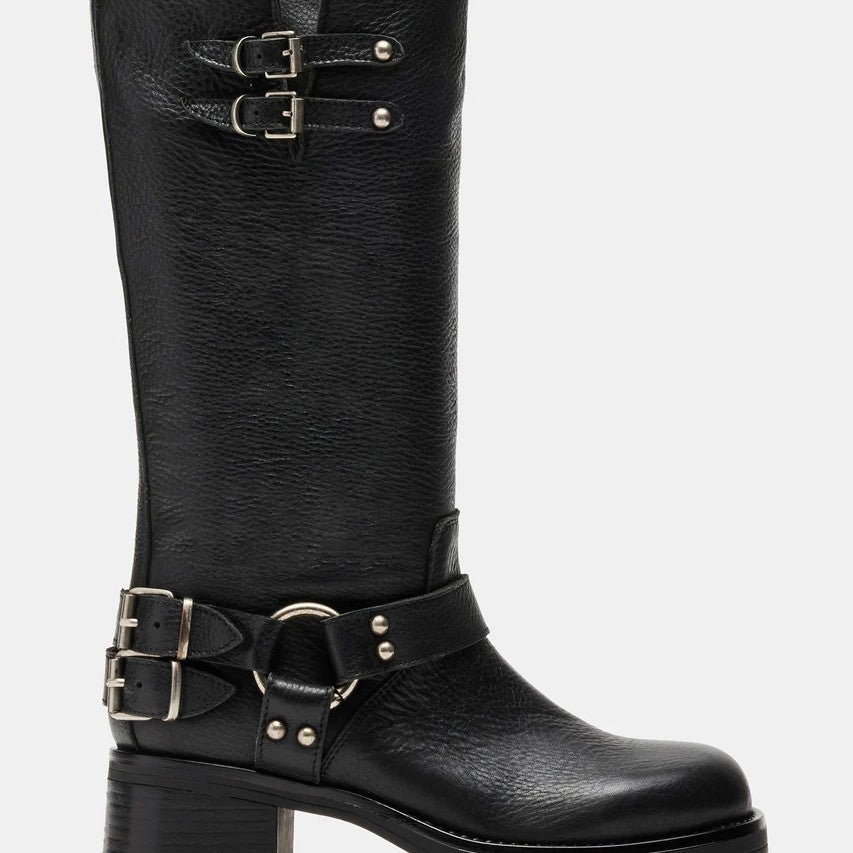 Women's Round Toe Buckle High-Top Boots – Chunky Heel Mid-Calf PU Leather Boots