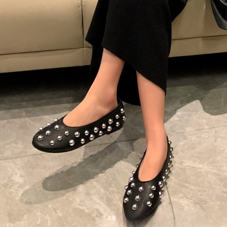 Women's Black Studded Ballet Flat Shoes – PU Leather Casual Flats with Metal Stud Detail