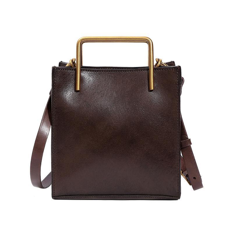 Vintage Full-Grain Leather Crossbody Bag | Small Square Cowhide Handbag for Women