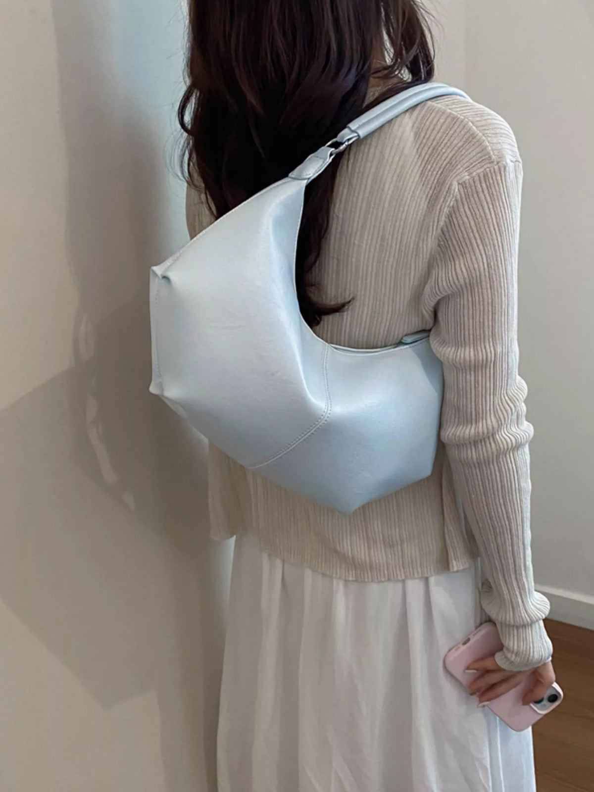 Blue Adjustable-Strap PU Leather Crossbody Bag