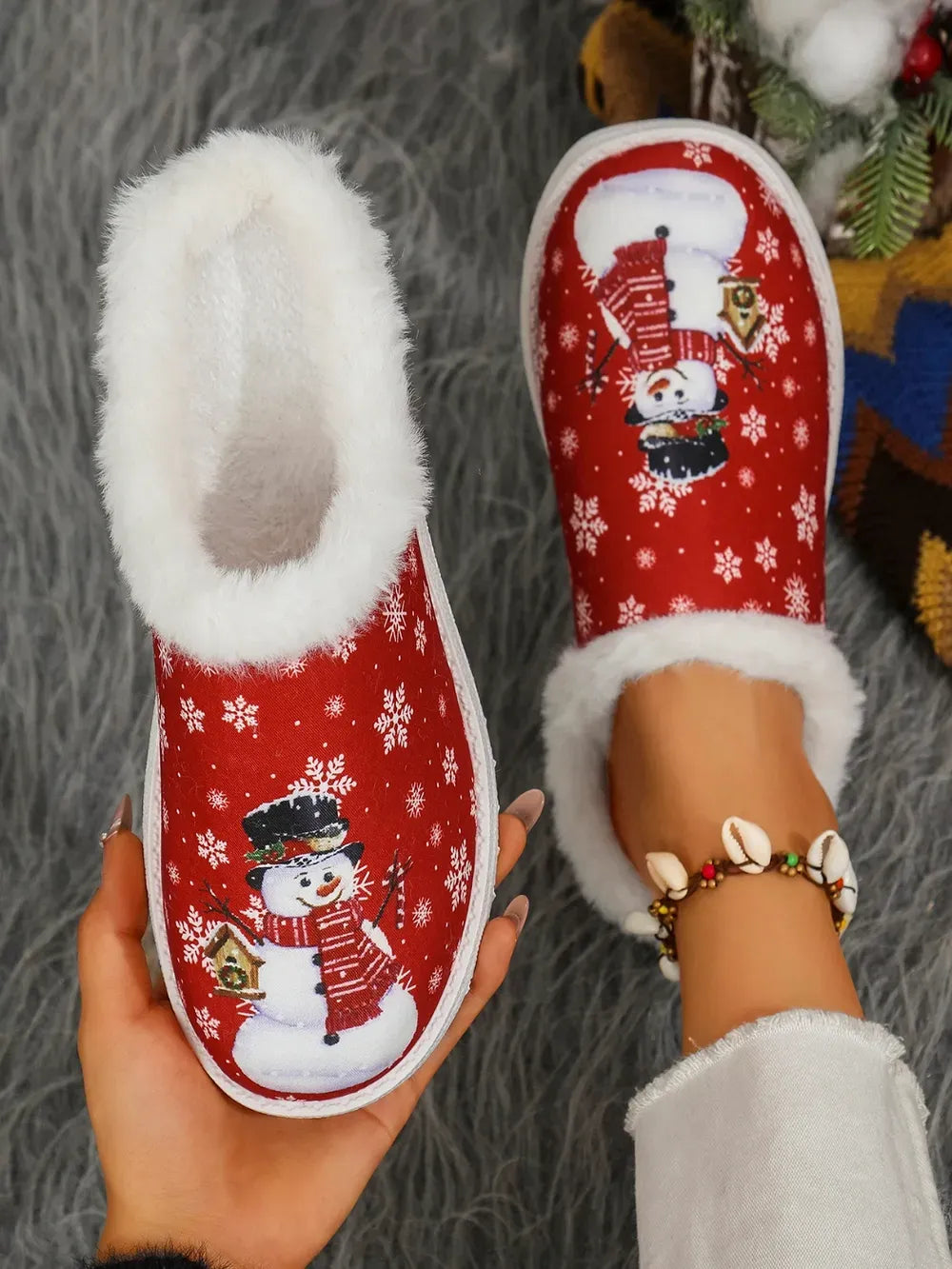 Snowman Print Faux Fur Flat Slippers — photo 11
