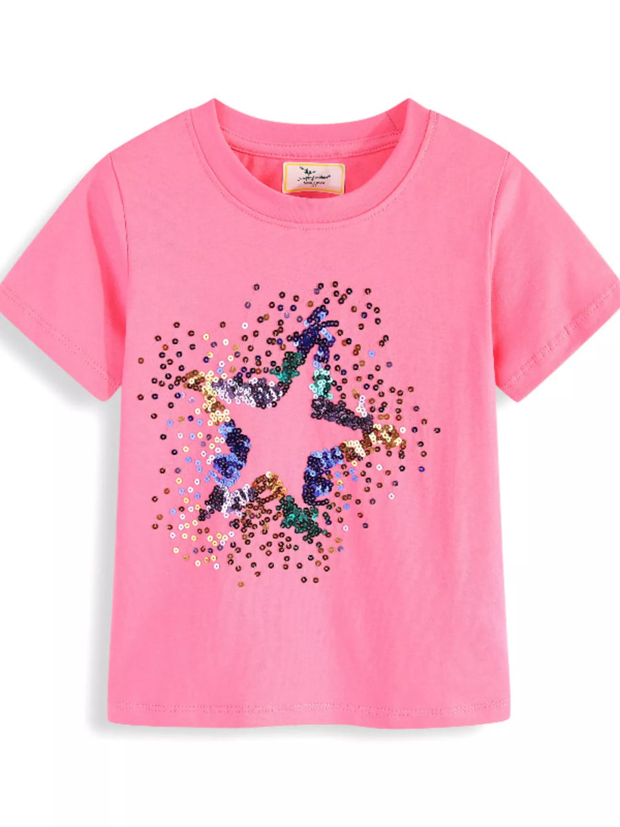 Girls' Star-Sequin Cotton T-Shirt – Fuchsia Pink