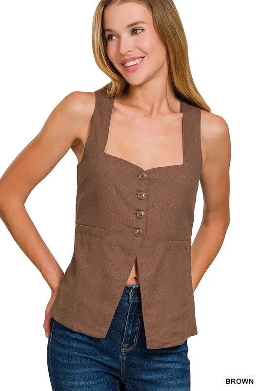 Linen Tie-back 4-button Vest with Lining — Brown