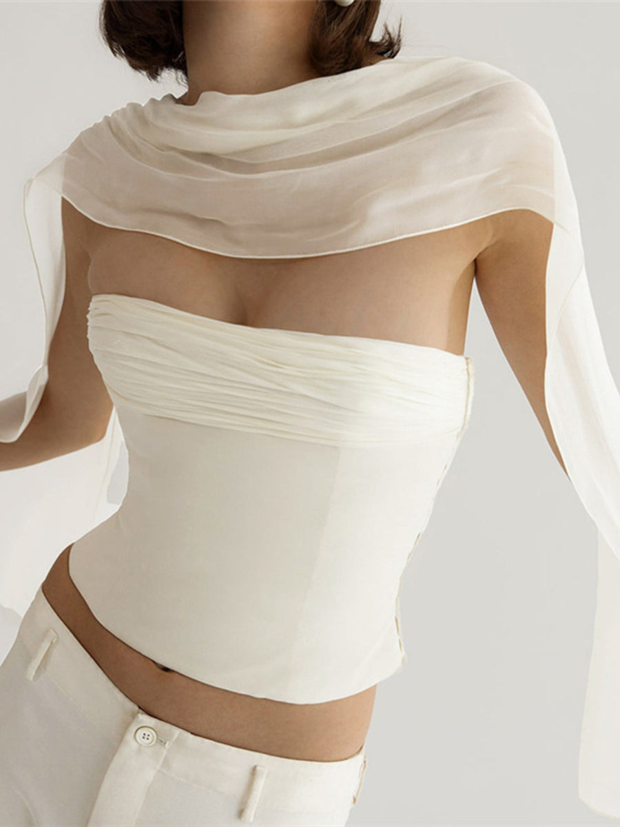 White Ruched Strapless Top & Chiffon Scarf Set