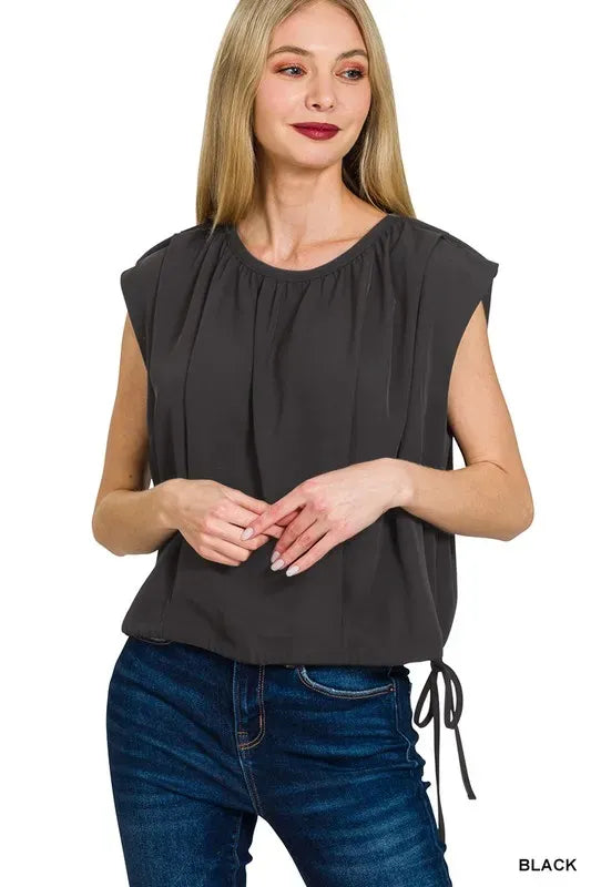 Another view: Woven Drawstring Tie Side Sleeveless Top