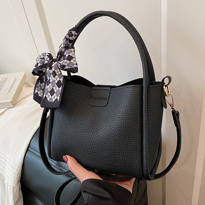 Women's Quilted Bucket Bag with Silk Scarf - PU Leather Crossbody Handbag
