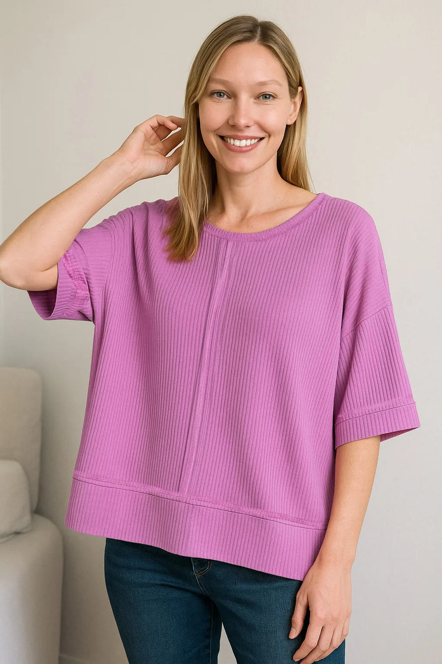 Ribbed Boat Neck 3/4 Sleeve Top — Mauve
