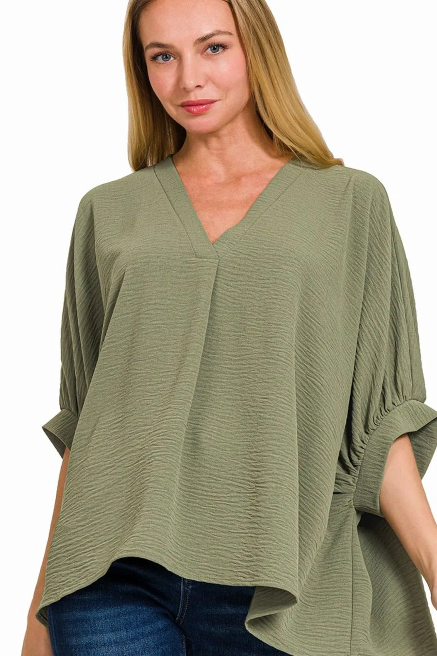 Woven Airflow V-neck Puff Half Sleeve Top — Lt Olive