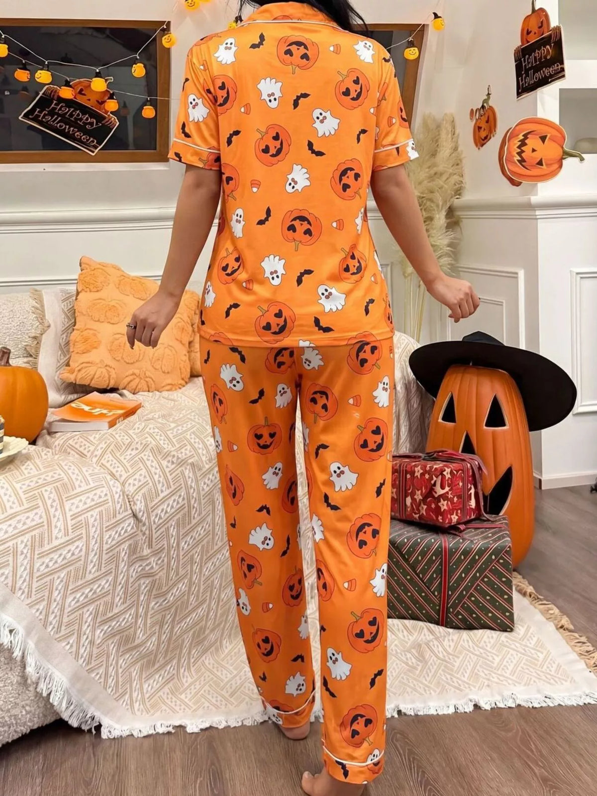 Pumpkin Print Button-Down Lounge Set