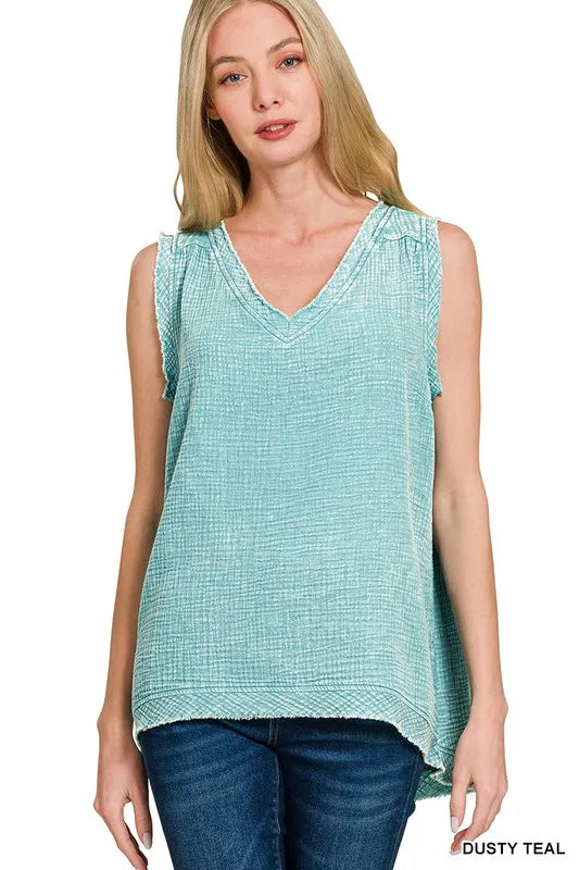 Double Gauze Raw Edge Acid Washed Tank — Dusty Teal