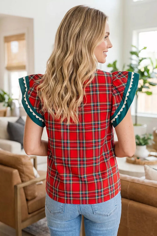 Another view: Plaid V-Neck Frill Blouse — Deep Red