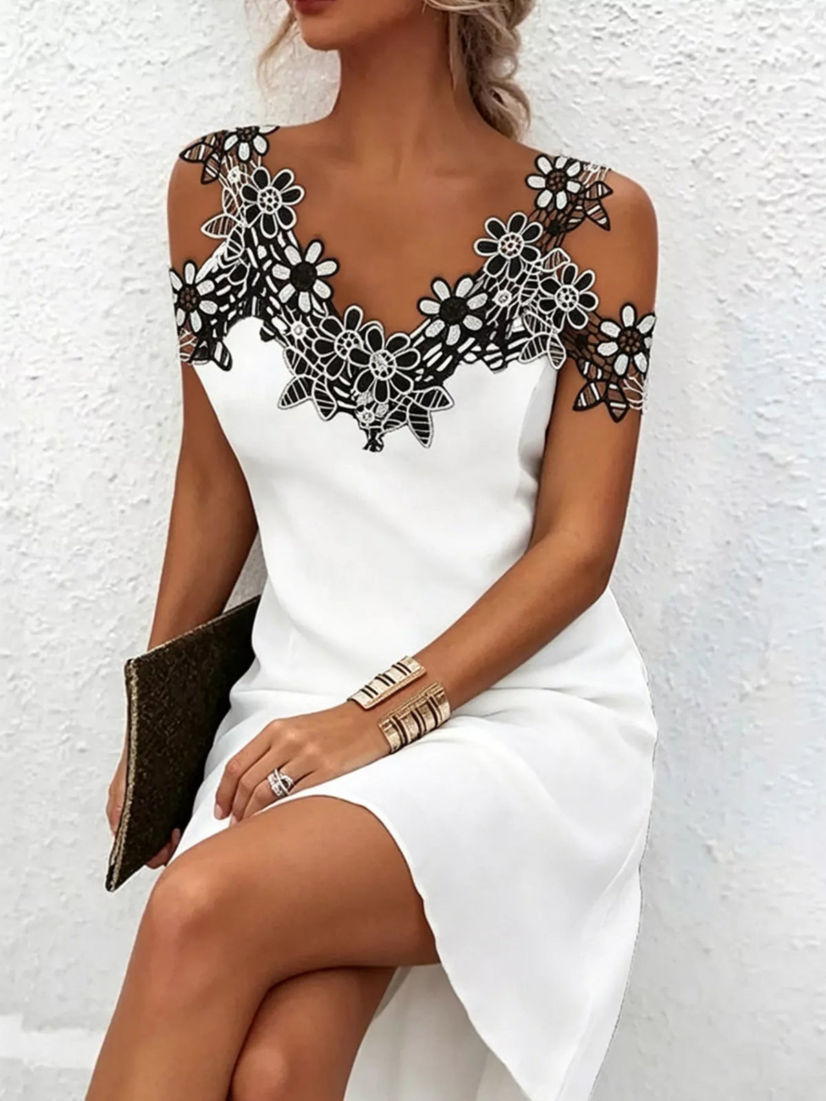 Floral Lace-Trim Cold-Shoulder Mini Dress