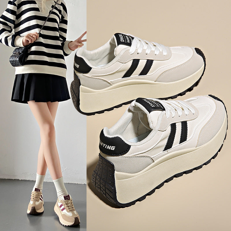 Women's Height-Boosting Lace-Up Sneakers – Synthetic PU Upper, Mesh Lining, Round Toe