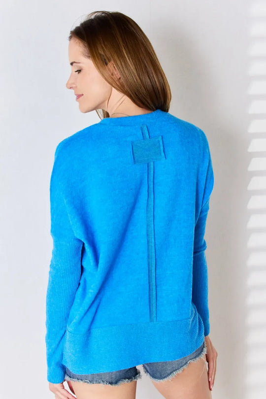 Another view: Ribbed Trim Round Neck Long Sleeve Top