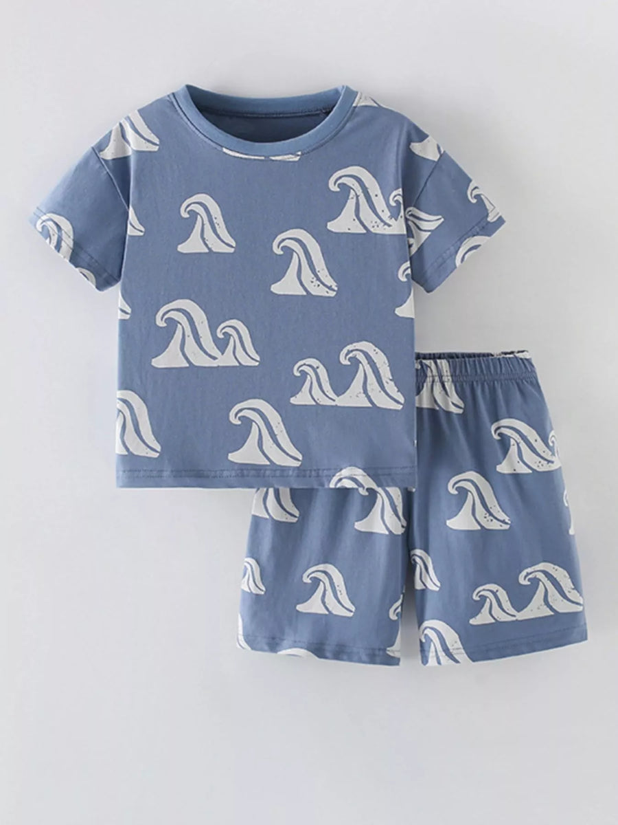 Kids' Ocean-Wave Tee & Shorts Set – Dusty Blue