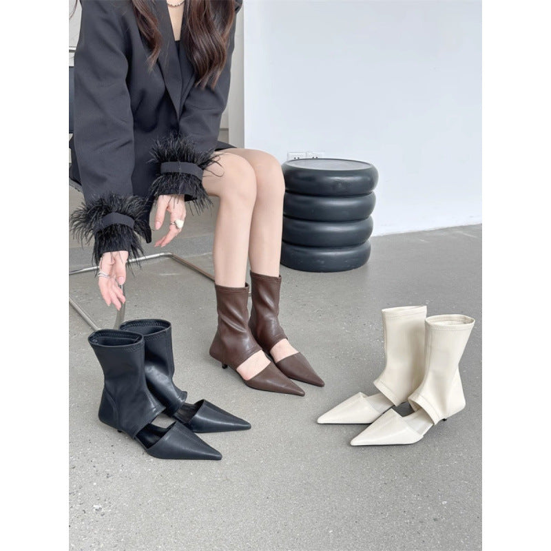 Women's French-Style Pointed-Toe Stiletto Boots - Mid-Calf Hollow-Out Design Stretchy PU Leather