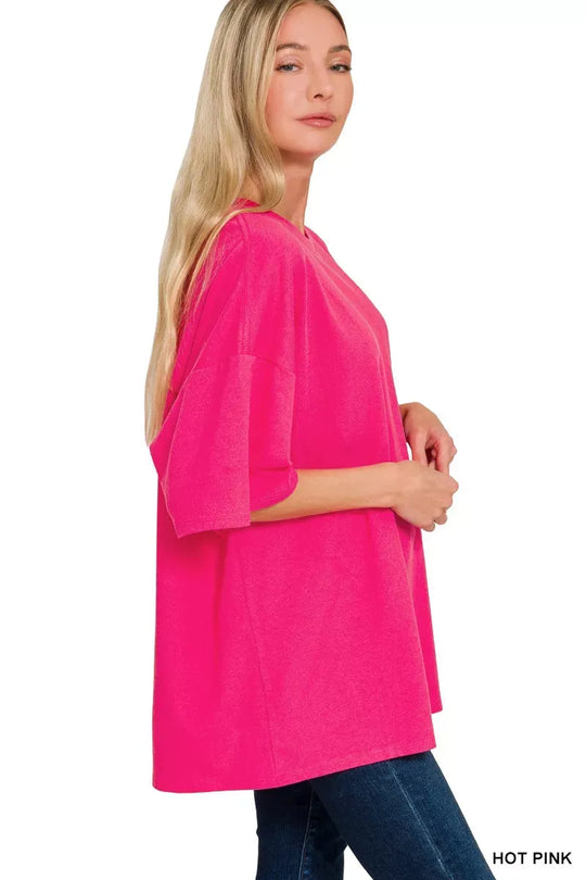 Another view: Cotton Short Sleeve Oversized Tunic Tee — Hot Pink