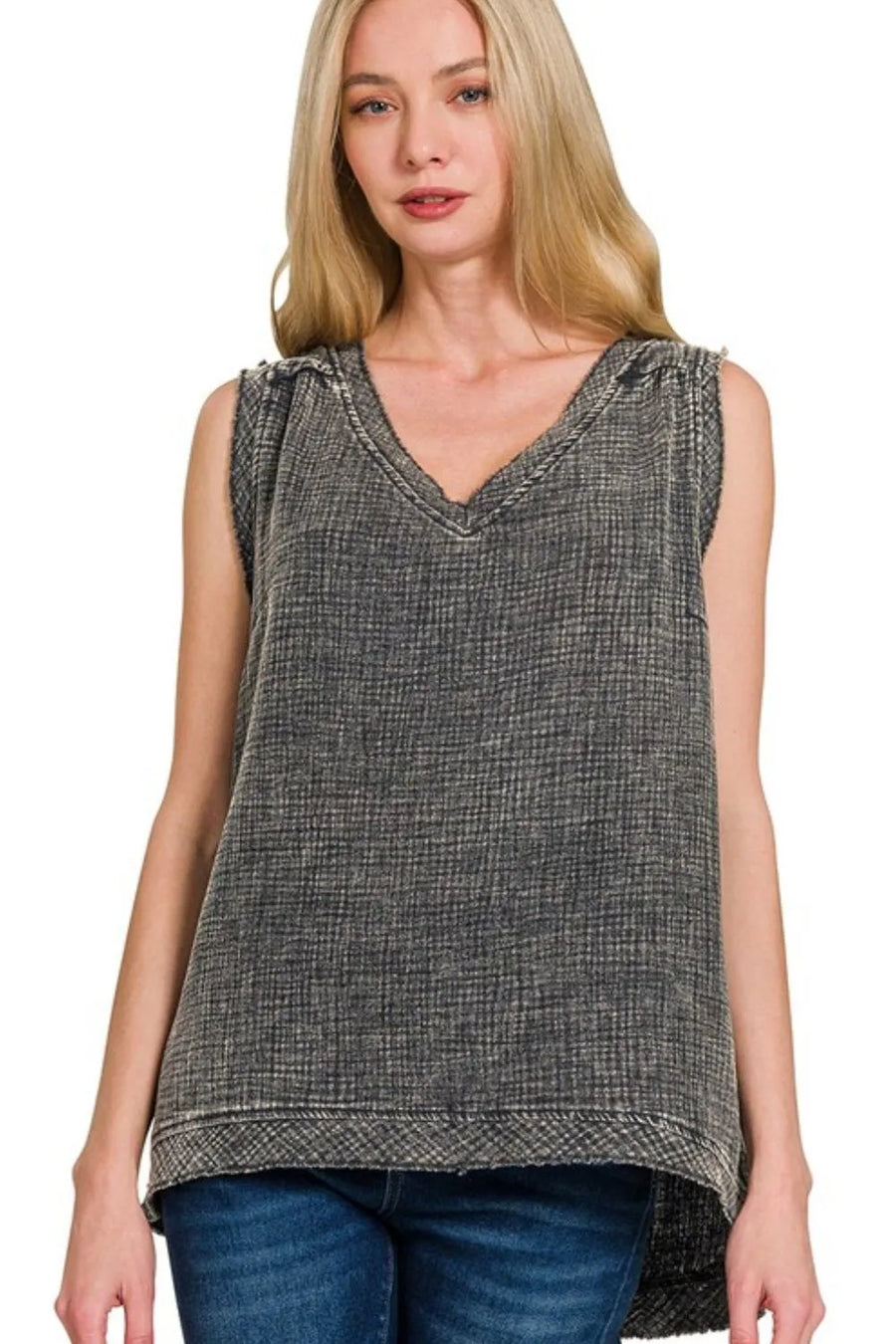 Double Gauze Raw Edge Acid Washed Tank — ASH BLACK
