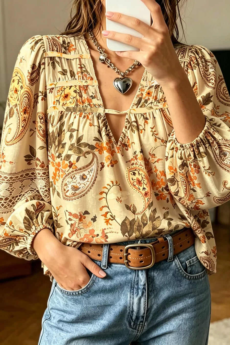 Paisley V-Neck Shift Blouse — Pastel Yellow