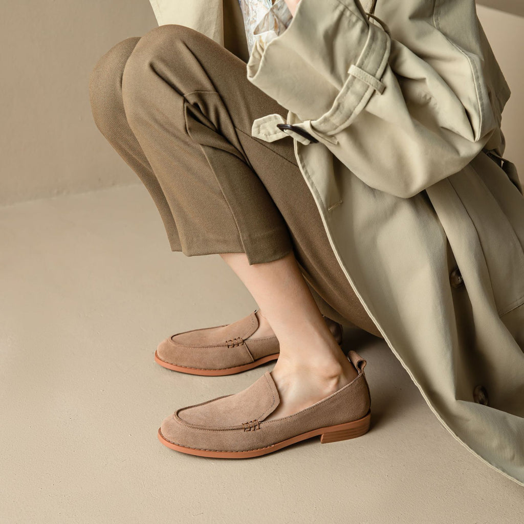Women's Slip-On Suede Flats | Chunky Low Heel Round Toe Shoes | Army Green & Apricot