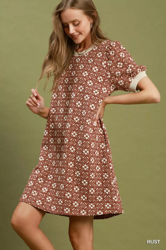 Another view: Umgee Floral Textured Puff Sleeve Mini Dress — Rust