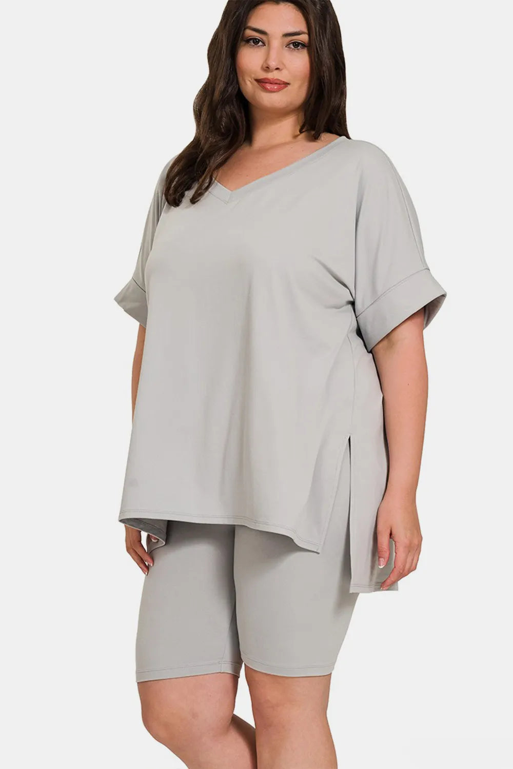 Curve V-Neck Short Sleeve Slit T-Shirt and Shorts Set — Lt Grey