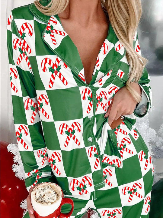Another view: Candy-Cane Check Pajama Set — Green