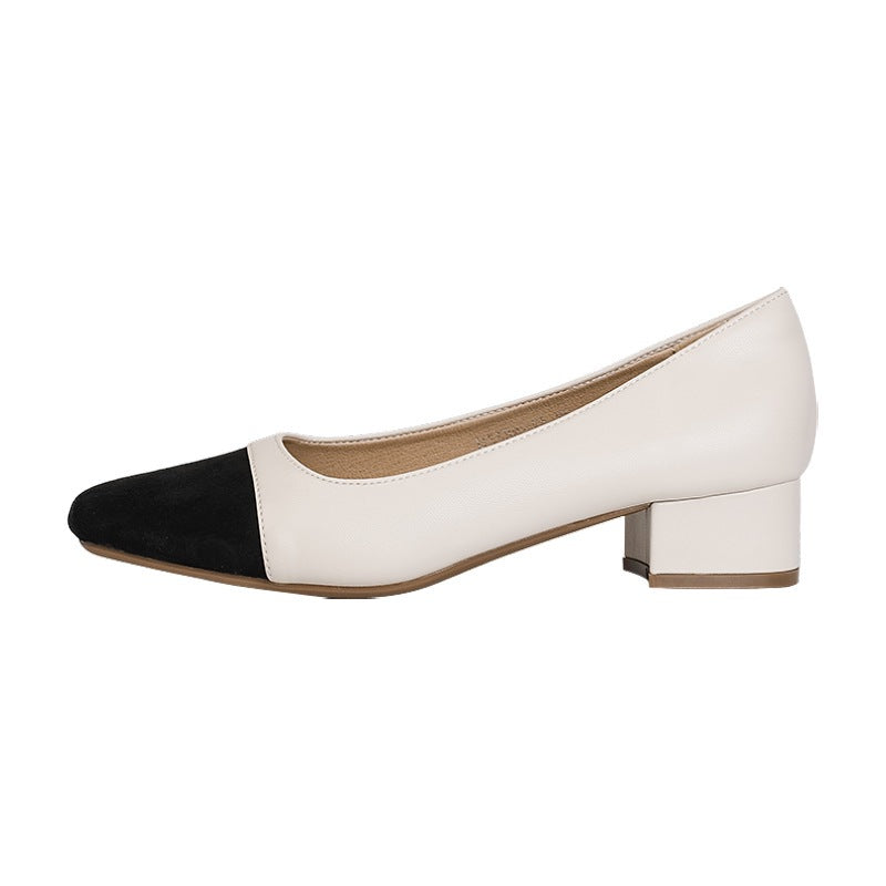 Women's French-Style Chunky Heel Square Toe Pumps - Soft PU Leather Slip-On Casual Shoes