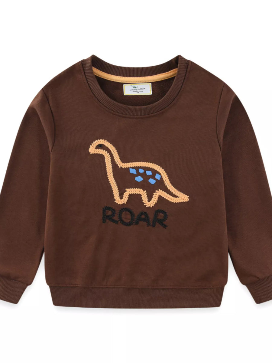 Kids’ Embroidered Dinosaur Sweatshirt — Dark Brown