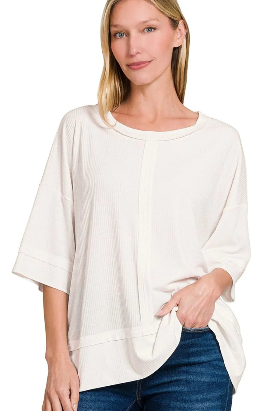 Ribbed Boat Neck 3/4 Sleeve Top — Off White
